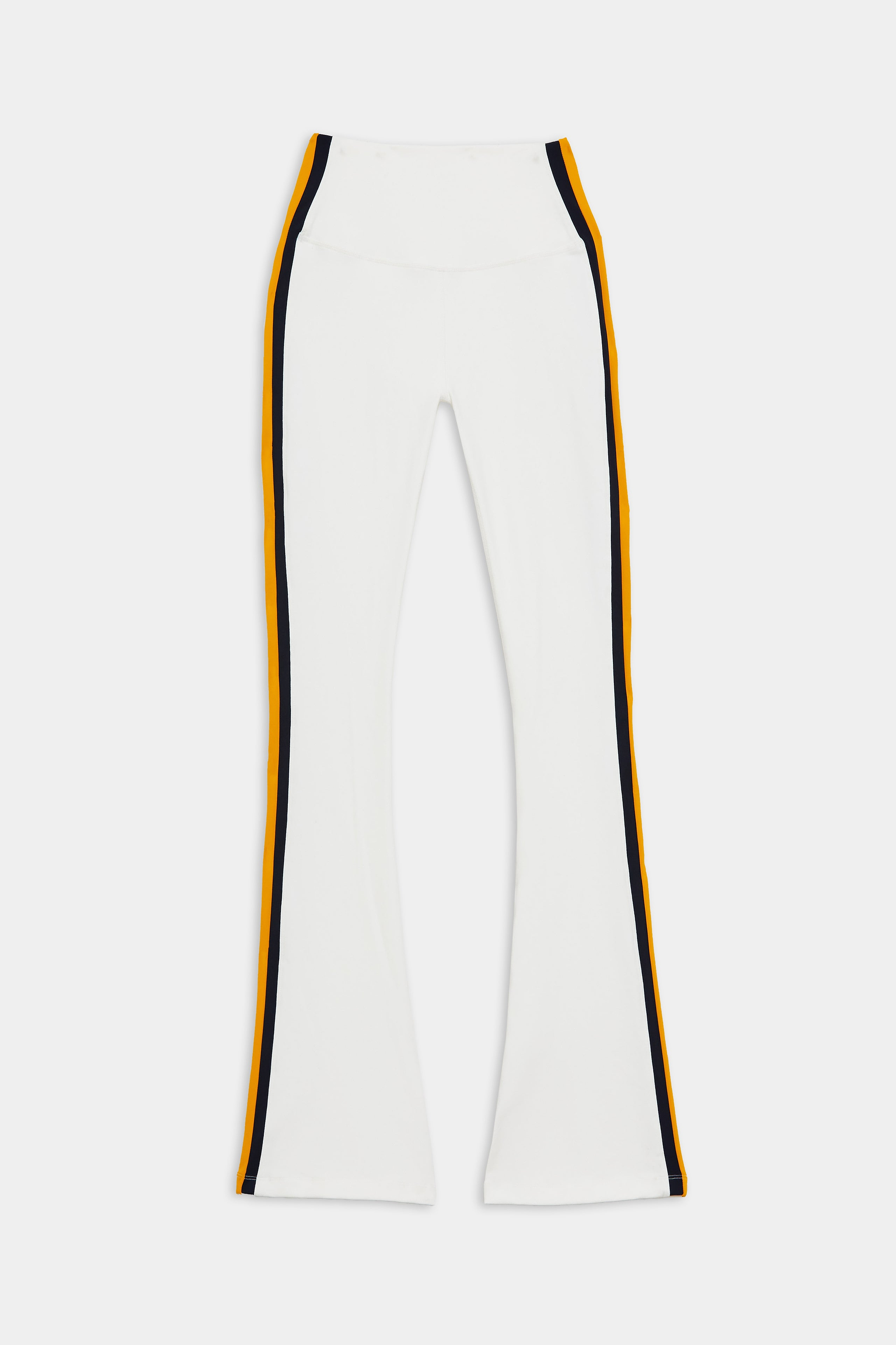 White flared pants with high waist, featuring black and yellow side stripes running vertically along the outer legs.