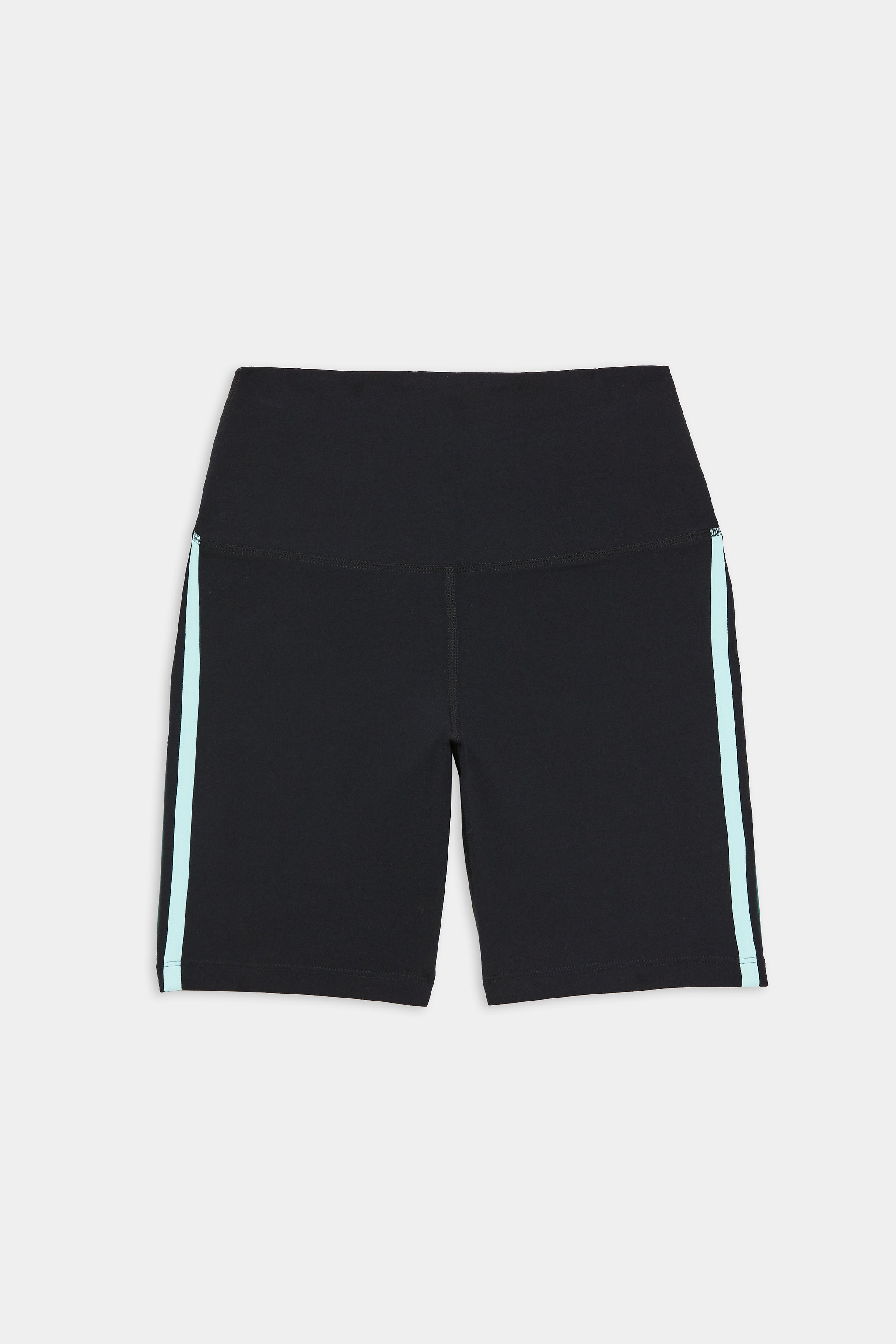 Black high-waisted bike shorts with light blue side stripes, laid flat on a white background.