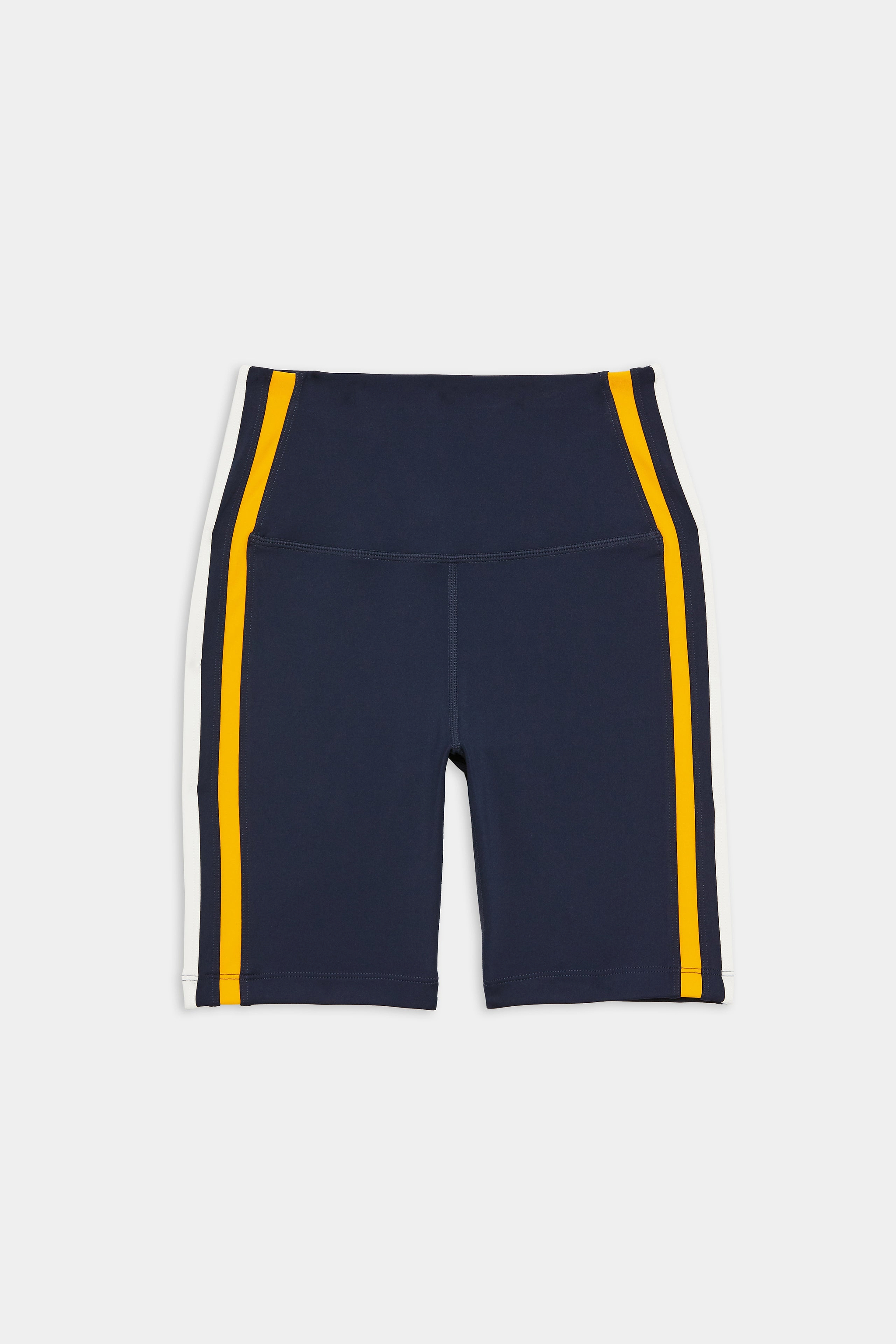 Navy blue athletic shorts with a high waistband, featuring yellow side stripes and white trim along the edges, displayed on a white background.
