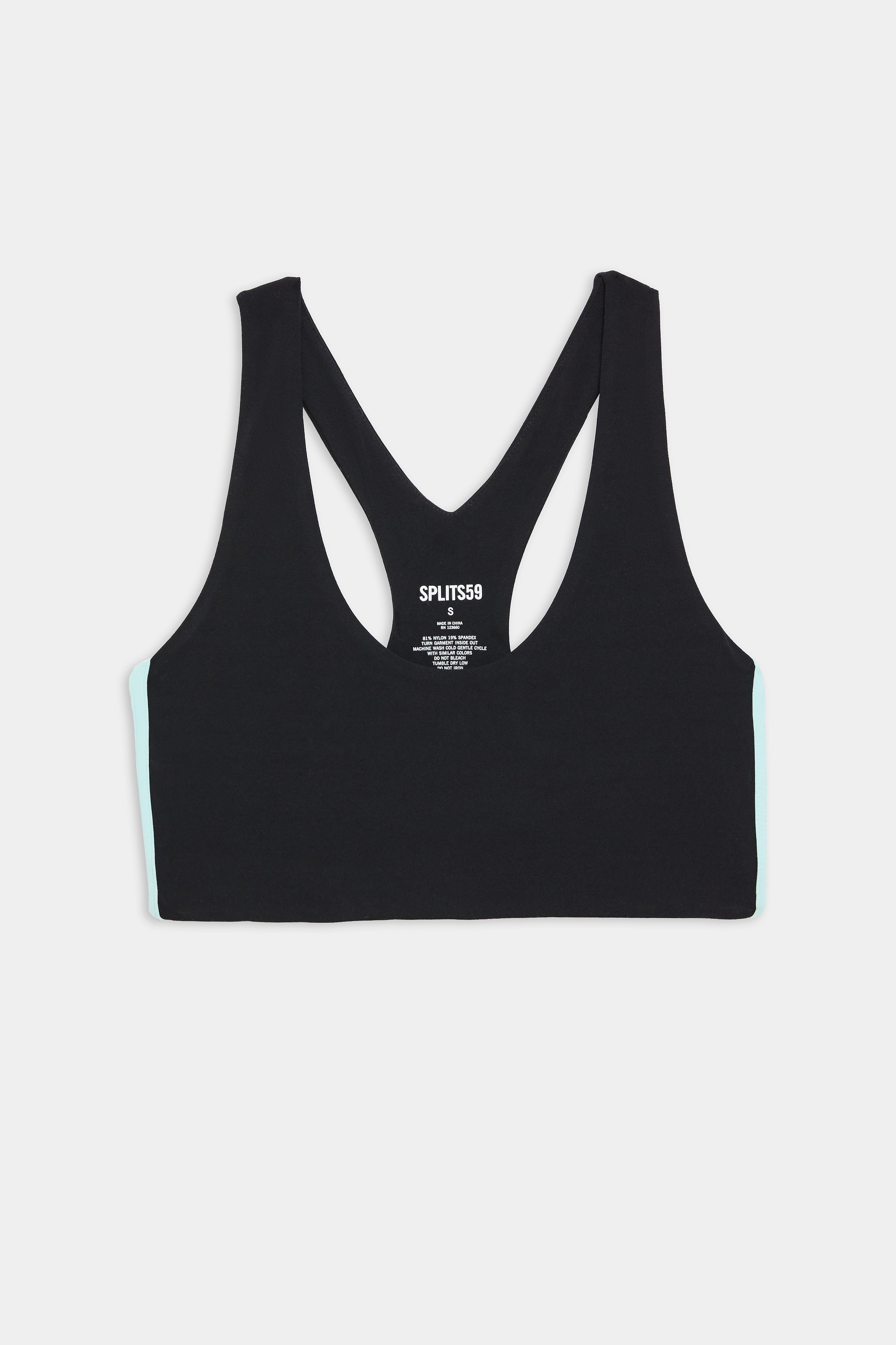 A black racerback sports bra with light blue side panels, shown flat on a white background.