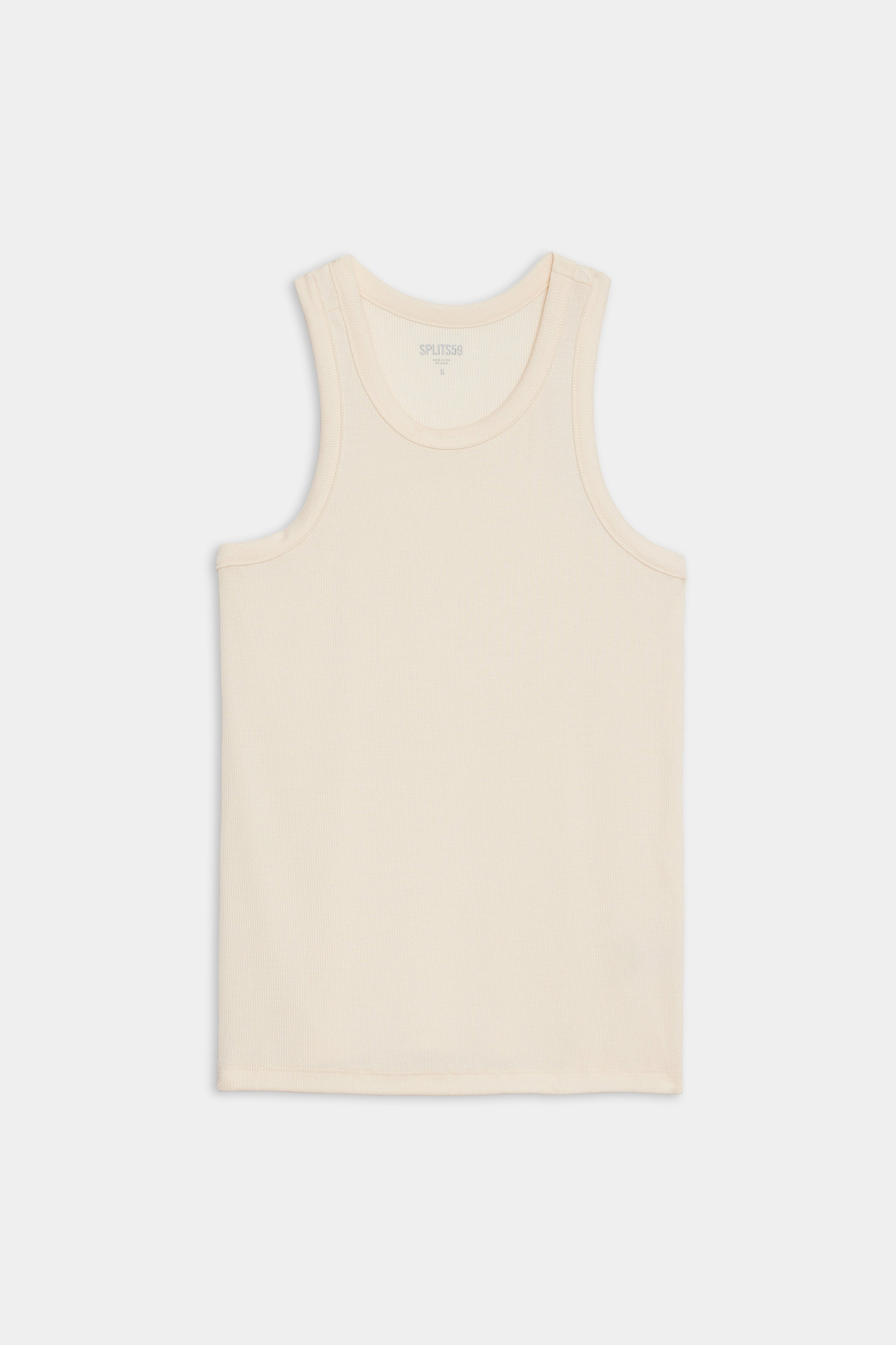A sleeveless, light beige tank top laid flat on a plain white background.