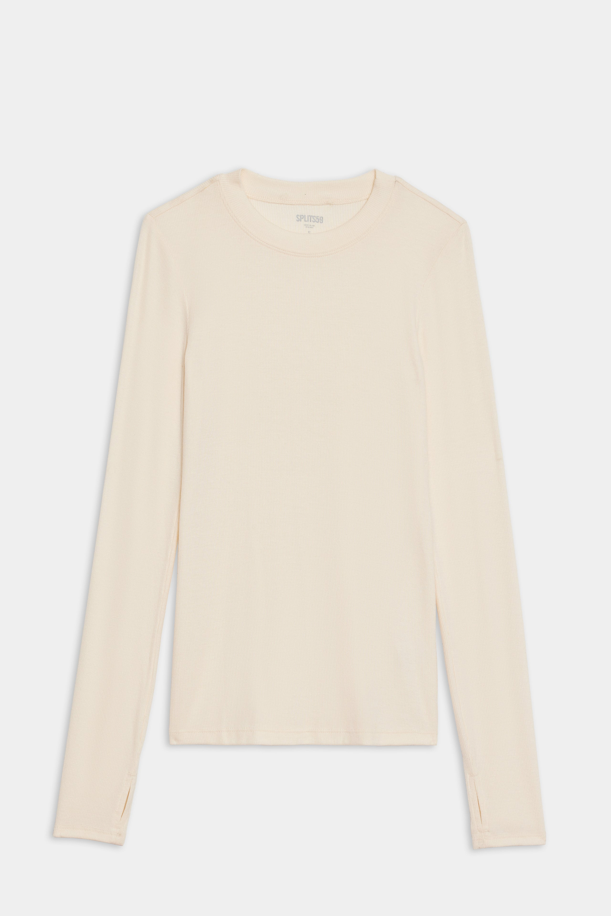 A long-sleeve, crew neck, off-white shirt is laid flat on a white background.