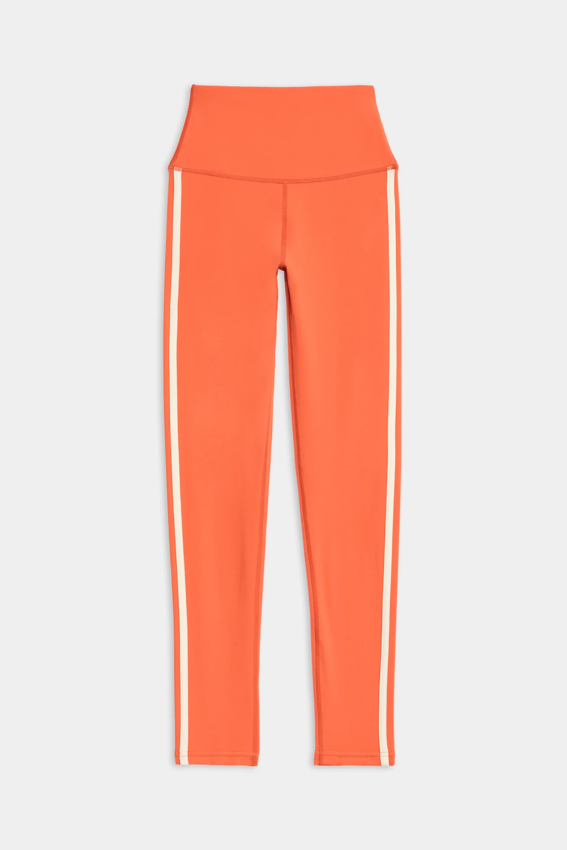 Orange high-waisted leggings with white vertical stripes down the sides, displayed on a plain white background.