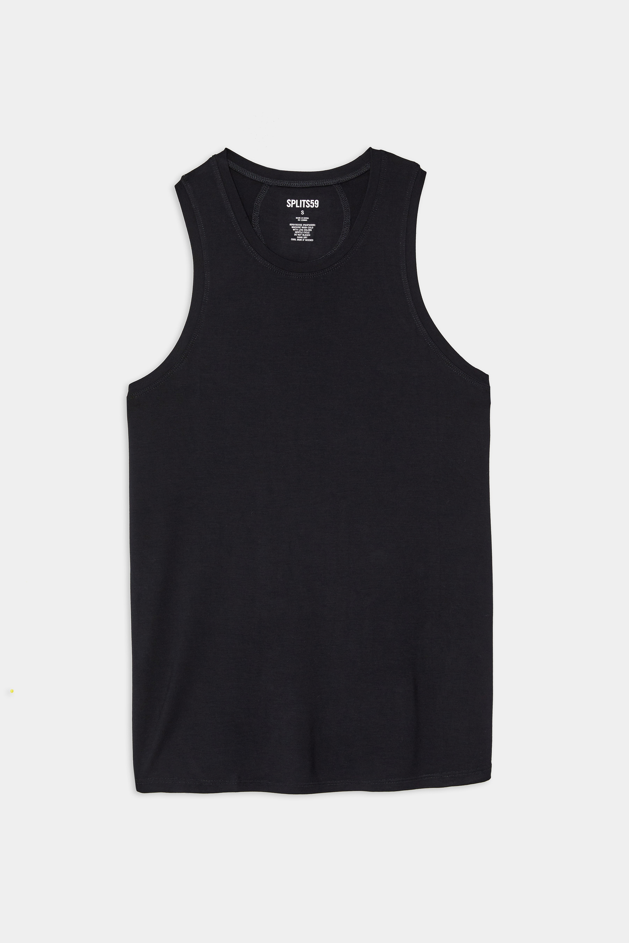 A black sleeveless tank top is laid flat on a white background.