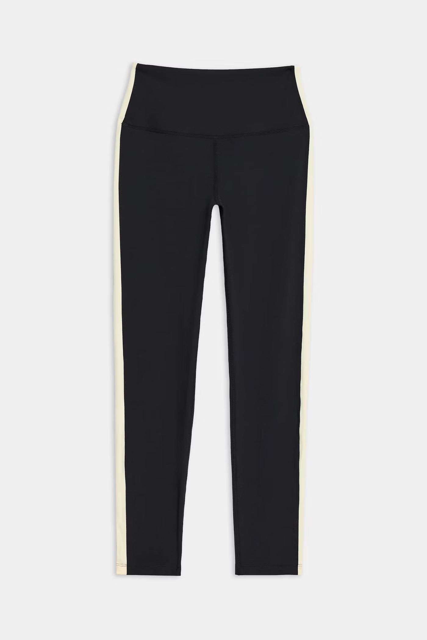A pair of black high-waisted leggings with white vertical stripes running down the sides, displayed against a plain background.