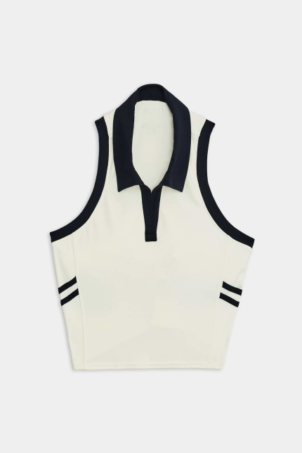 Sleeveless white polo shirt with black collar and black trim on the armholes, featuring two black stripes on each side.