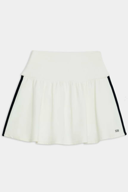 A white tennis skirt with a wide waistband, black side stripes, and a small "SSB" logo at the bottom right hem.