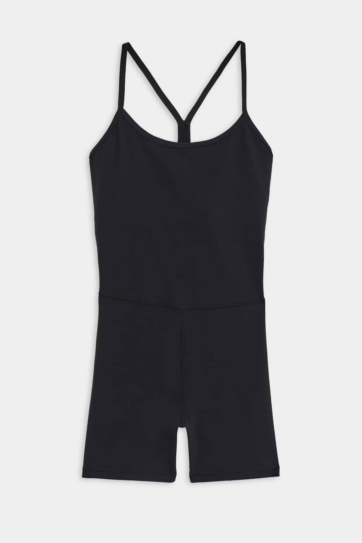 A black, sleeveless, fitted romper with spaghetti straps and a scoop neckline, laid flat on a white background.