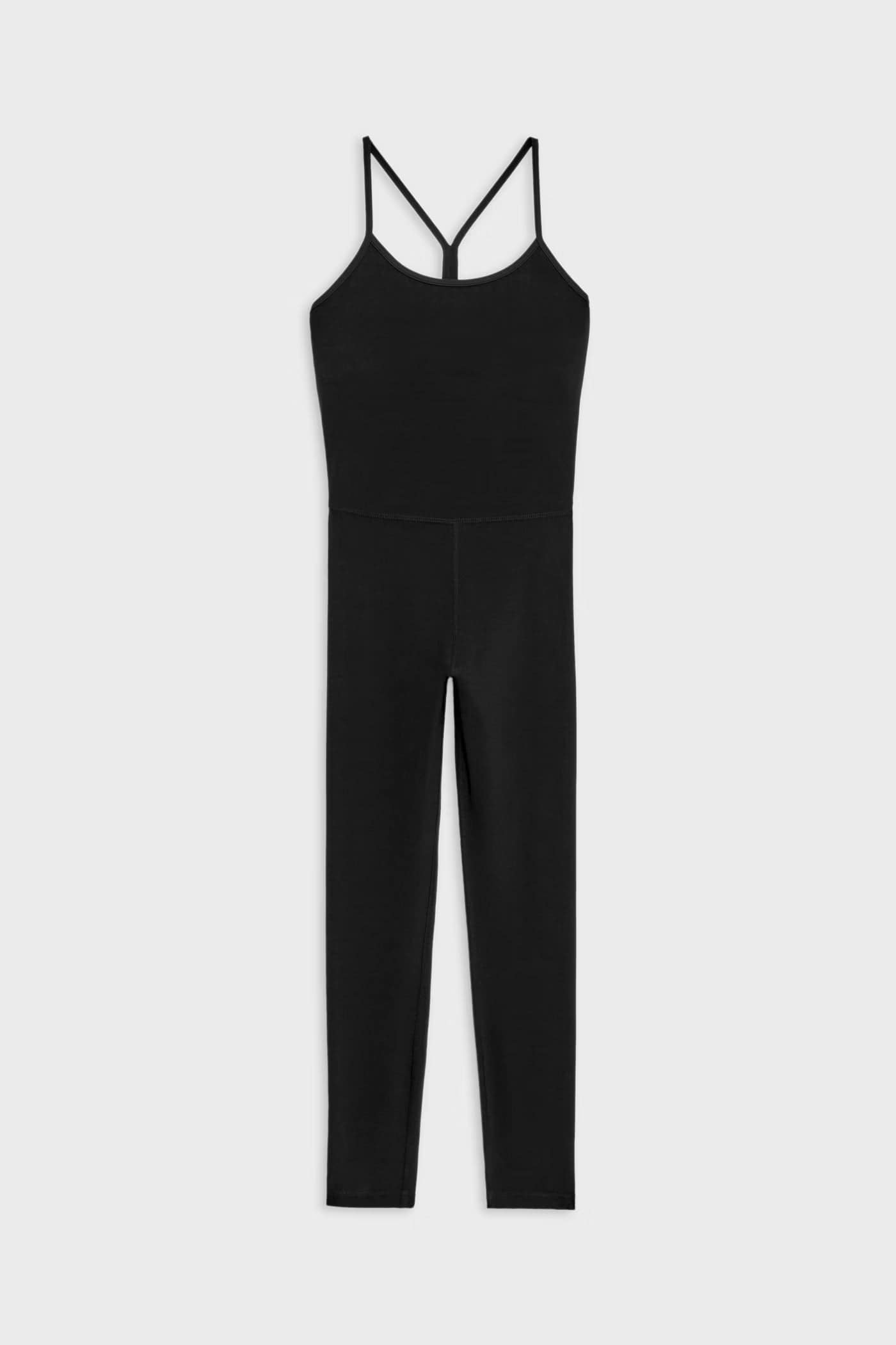 Black sleeveless jumpsuit with thin shoulder straps, a fitted bodice, and long, straight pant legs, displayed against a plain light background.