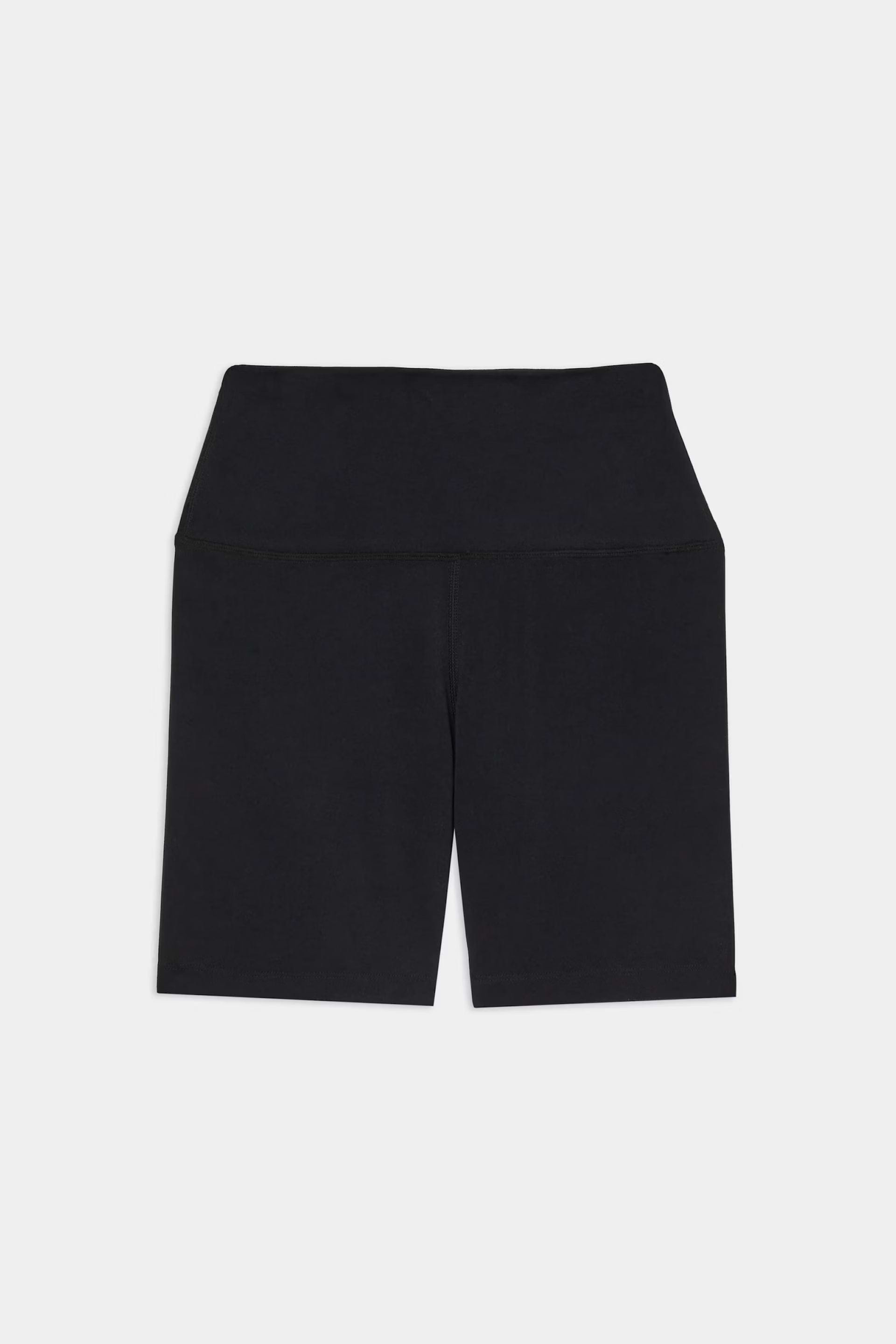 Black high-waisted biker shorts displayed flat against a plain white background.