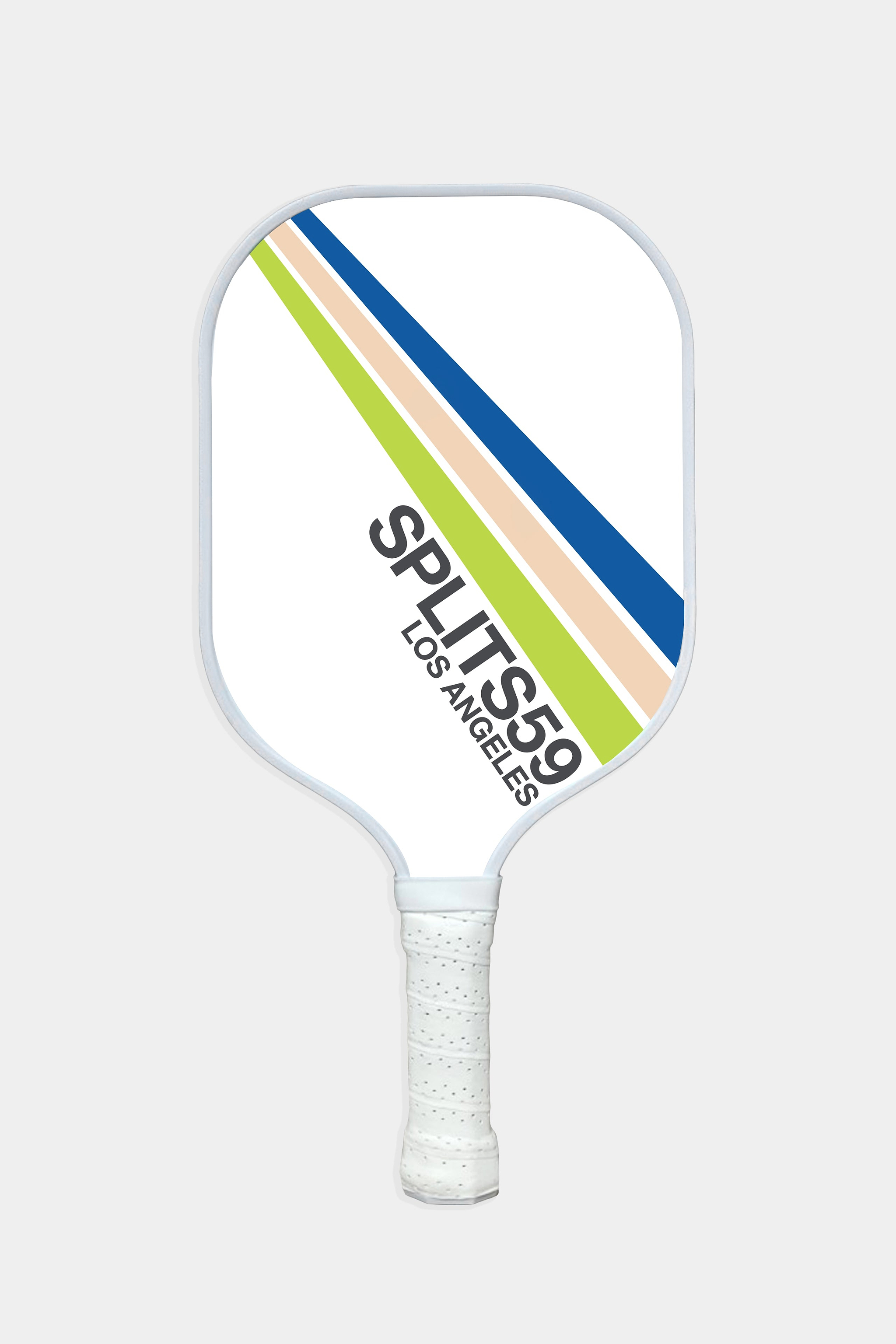 A white pickleball paddle with blue, green, and tan diagonal stripes, featuring the text "SPLITSS9 LOS ANGELES" on the face.