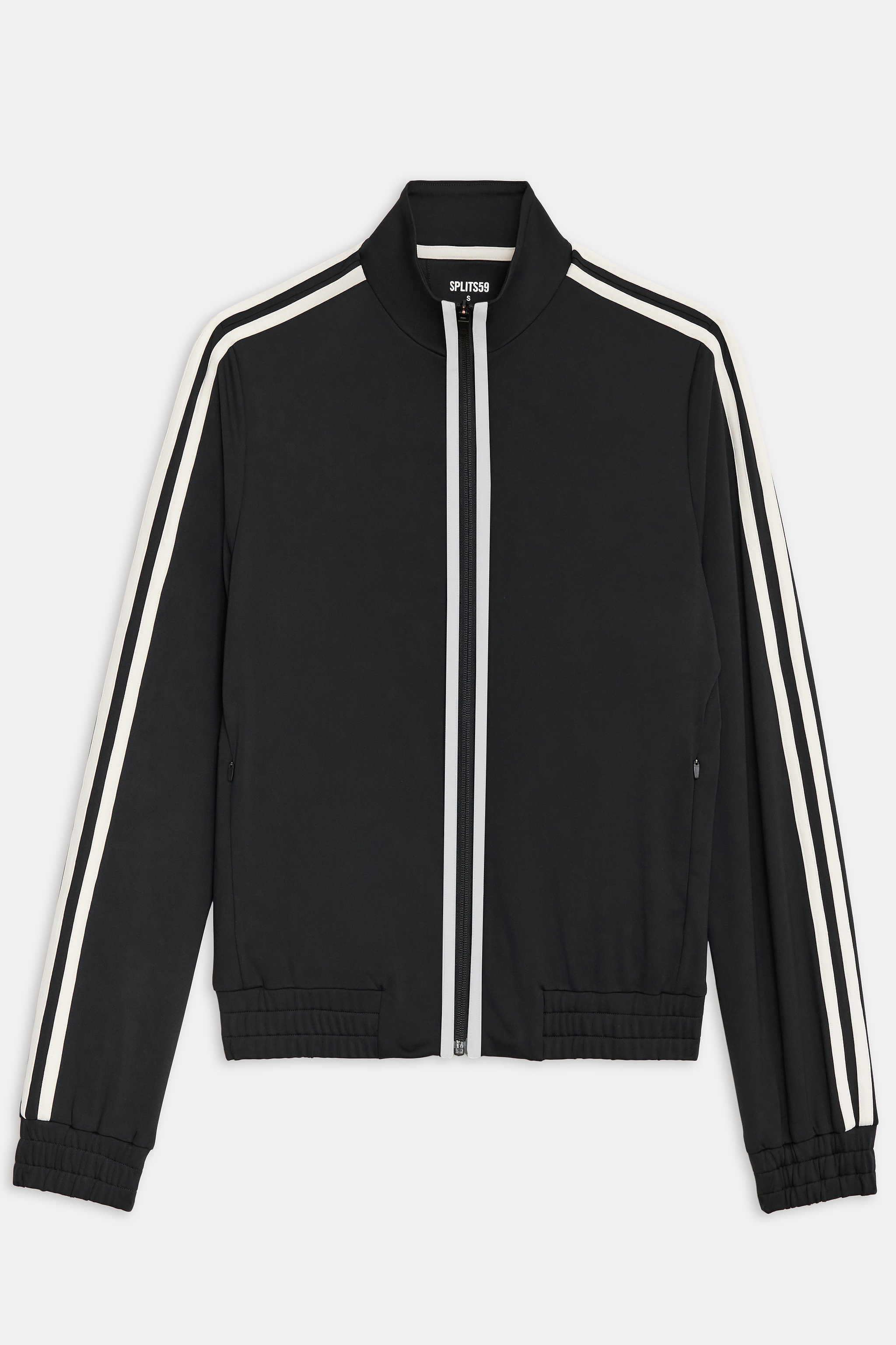 A black track jacket with white vertical zip and two white stripes running along the sleeves from shoulders to cuffs.