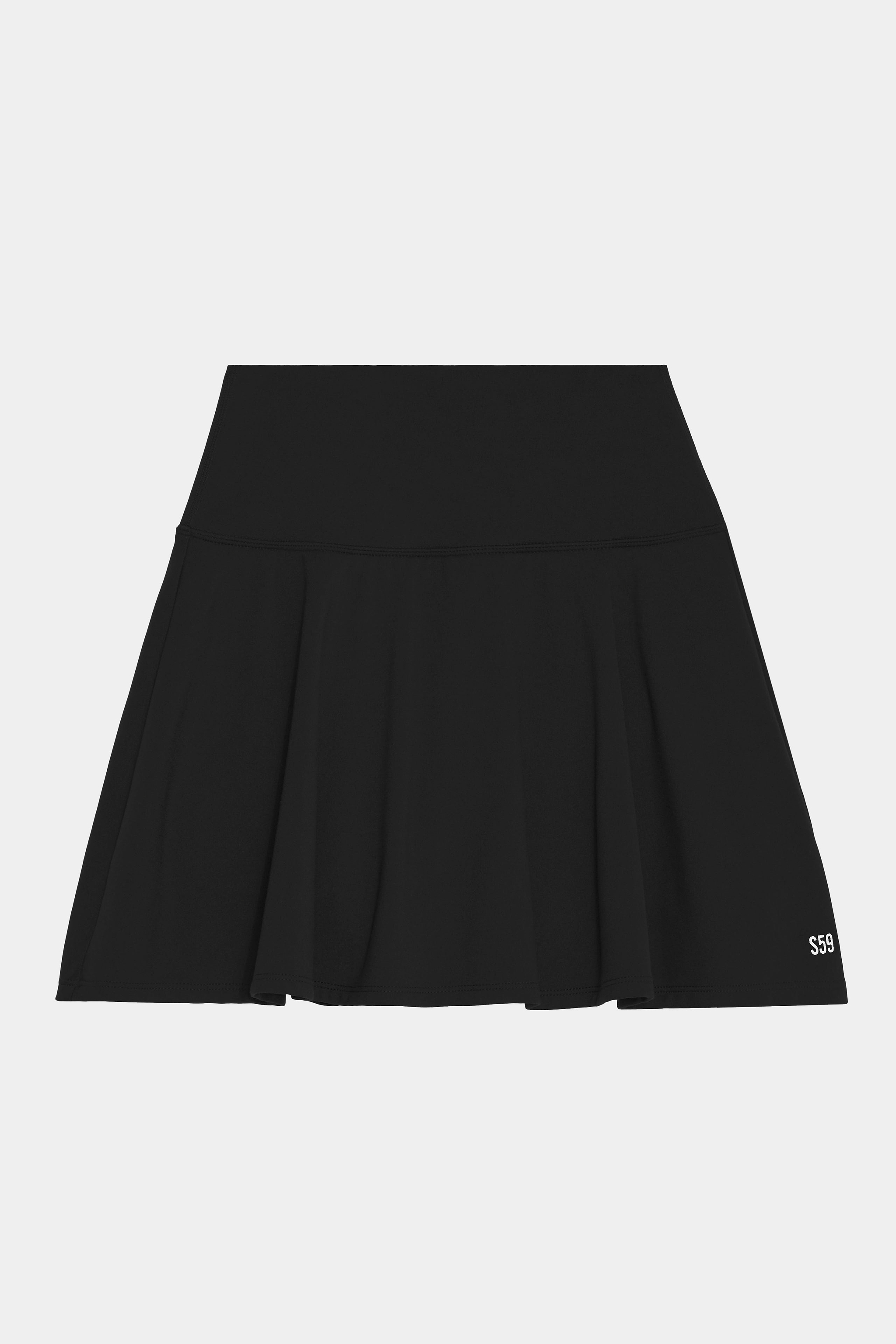 A black flared mini skirt with a wide waistband and "SSS" printed in white on the lower right hem, displayed on a plain white background.