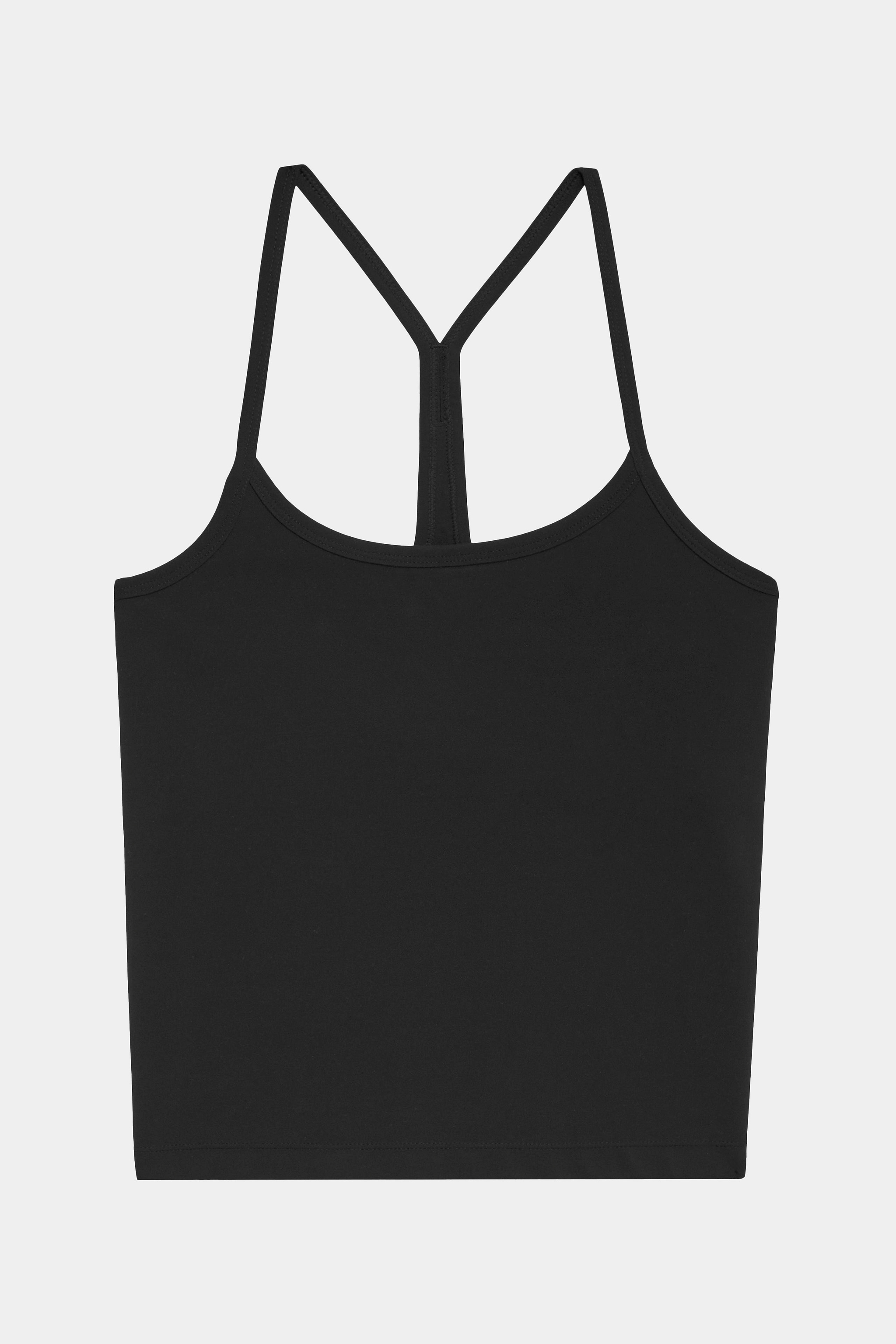 A black spaghetti strap camisole with a racerback design, displayed flat against a white background.