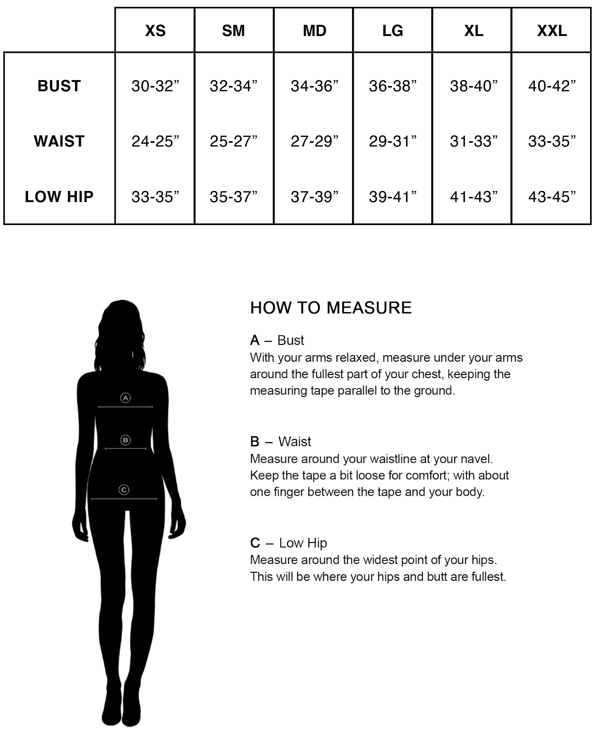 Size chart displaying bust, waist, and low hip measurements for XS to XXL, alongside a diagram and instructions on how to measure these areas on the body.