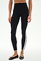 Model wears SPLITS59 Miles High Waist Rigor 7/8 leggings in black/white with a white side stripe and black flats, standing against a plain white background.