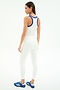 A woman faces away, wearing the SPLITS59 Kiki Rib Crop Tank in White/Cobalt, featuring baby rib fabric with blue trim, paired with white leggings and blue Adidas sneakers against a plain white background.