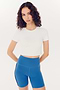Woman posing in SPLITS59 Airweight S/S Crop - White and blue nylon sports shorts.