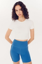 Woman posing in SPLITS59 Airweight S/S Crop - White and blue nylon sports shorts.