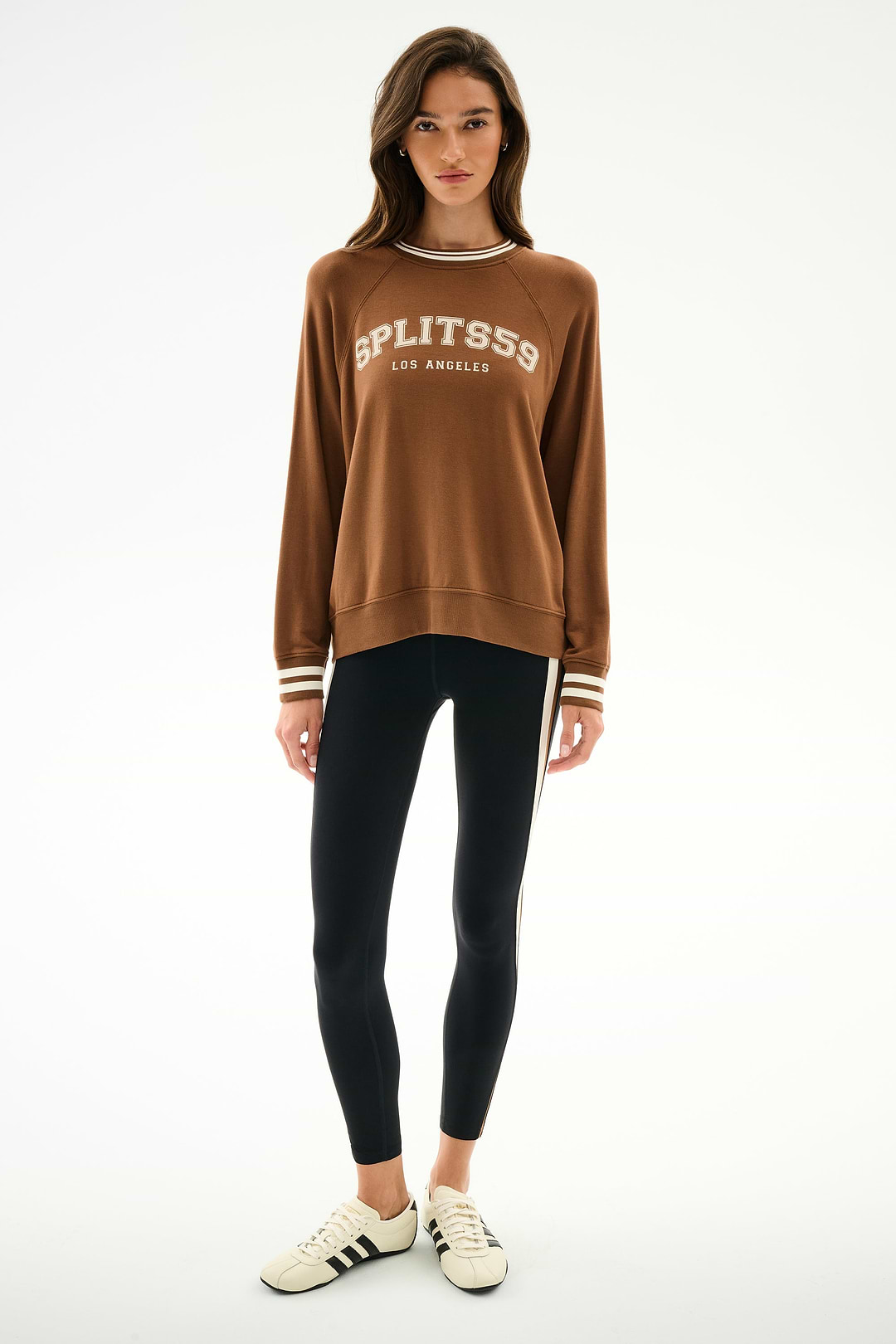 Andie Oversized Fleece Varsity Stripe Sweatshirt - Toffee/Splits59