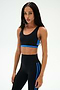 A woman wearing the SPLITS59 Maci Airweight Bra in Black/Classic Blue and coordinating nylon leggings with blue stripes, standing against a plain white background.
