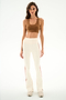 A model wears a brown scoop-neck sports bra and SPLITS59 Raquel High Waist Supplex Flare - Creme/Terracotta leggings with reddish-brown side stripes.