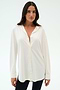 A woman with long brown hair models the SPLITS59 Kate Airweight Lite Button Down in white, paired with black pants, standing against a plain white background.