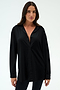 A person stands against a plain background wearing the SPLITS59 Kate Airweight Lite Button Down in black, paired with black pants—a lightweight, minimalist layering essential.