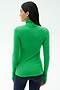 A woman with long dark hair, seen from behind, wears the SPLITS59 Lennon Rib Turtleneck in Grass/Indigo and dark leggings against a plain white background.