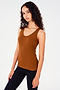 Side view of girl wearing a reddish brown tank top and black leggings