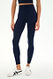 A person wearing SPLITS59 Sprint High Waist Rigor 7/8 leggings in Indigo, crafted from soft Rigor fabric, paired with a matching crop top and white sneakers, stands against a plain white background.