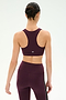 A woman with dark hair in a bun is shown from the back against a plain background, wearing the SPLITS59 Lexi Rigor Bra in Dark Cherry/Black, paired with matching leggings.