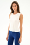 A woman wears the SPLITS59 Nikki Jersey Tank - White and blue spandex leggings, standing against a plain white background and looking at the camera.
