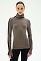 A woman wears the SPLITS59 Jackson Rib Full Length Turtleneck in Lentil/Black—a brown ribbed modal spandex top with black striped sleeves—paired with black leggings and standing against a plain white background.