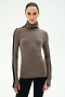 A woman wears the SPLITS59 Jackson Rib Full Length Turtleneck in Lentil/Black—a brown ribbed modal spandex top with black striped sleeves—paired with black leggings and standing against a plain white background.