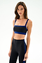 Model wears SPLITS59 Monah Rigor Bra - Black/Cobalt, a stretchy nylon spandex sports bra with blue trim, paired with high-waisted leggings against a white background.