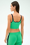A woman models the SPLITS59 Cait Rigor Bralette in Grass/Indigo, made from high performance rigor fabric, standing with her back to the camera against a plain background.