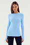 A person with straight hair is wearing a super soft SPLITS59 Louise Rib Long Sleeve in Skylight paired with black pants, facing the camera against a plain background.