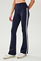 Front view of woman wearing dark blue high waist below ankle length legging with wide flared bottoms and white double side stripes on both legs. Paired with white shoes.