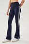 Front view of woman wearing dark blue high waist below ankle length legging with wide flared bottoms and white double side stripes on both legs. Paired with white shoes. 