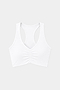 The SPLITS59 Airweight Bra with Ruching in white, made from lightweight performance fabric ideal for hot yoga, is shown against a plain light gray background.