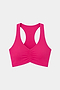 The SPLITS59 Airweight Bra with Ruching in Sangria is a vibrant pink racerback sports bra crafted from stretchy nylon-spandex activewear, featuring a ruched front detail and shown on a plain white background.