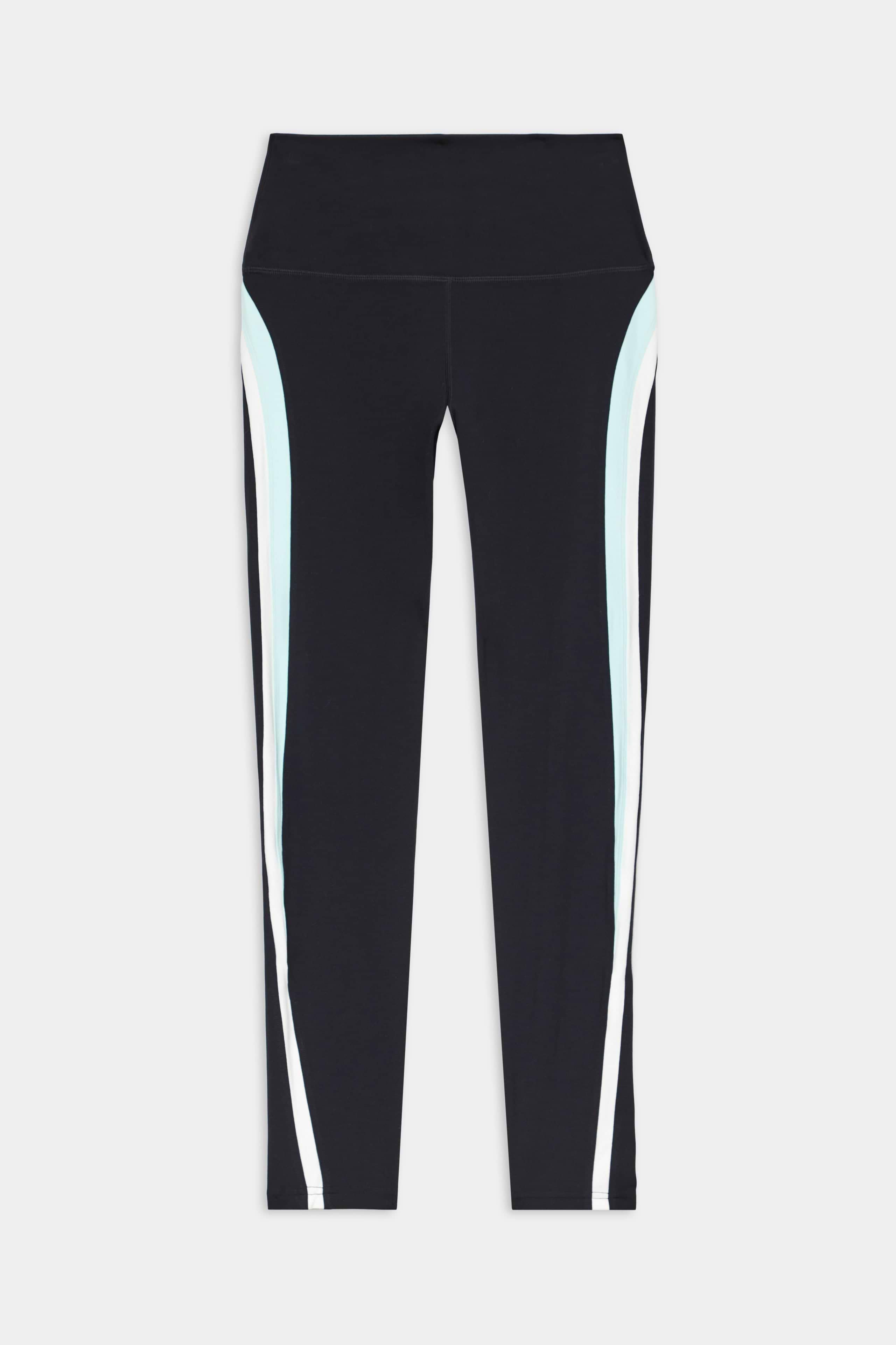 The SPLITS59 Emerson Airweight High Waist leggings in Black/Ice feature light blue and white curved side stripes, ideal for hot yoga or Pilates, shown here flat on a white background.