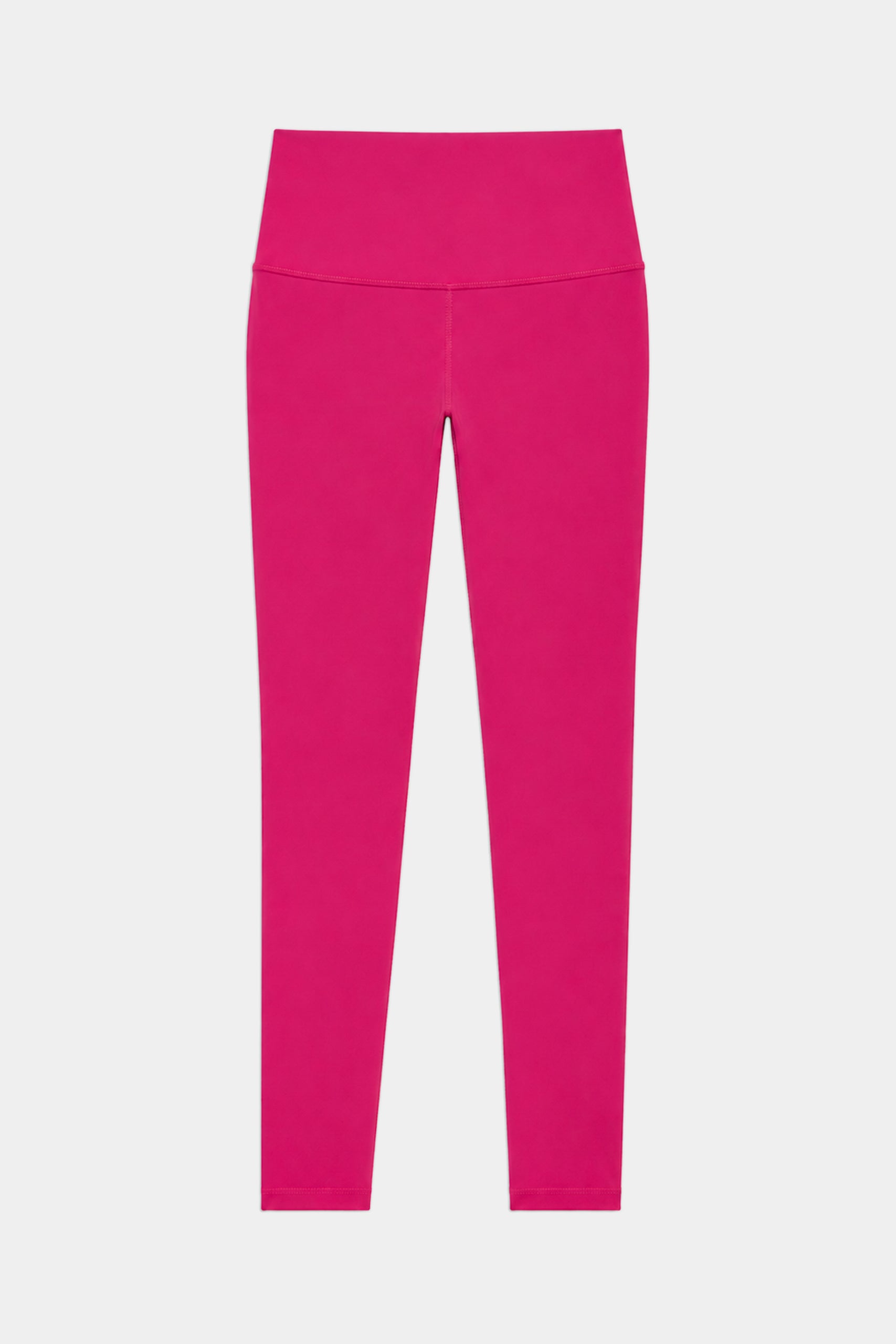 The SPLITS59 Airweight High Waist 26" leggings in Sangria are bright pink, high-waisted, and crafted from stretchy nylon spandex activewear fabric. Shown laid flat on a white background with legs extended downward.