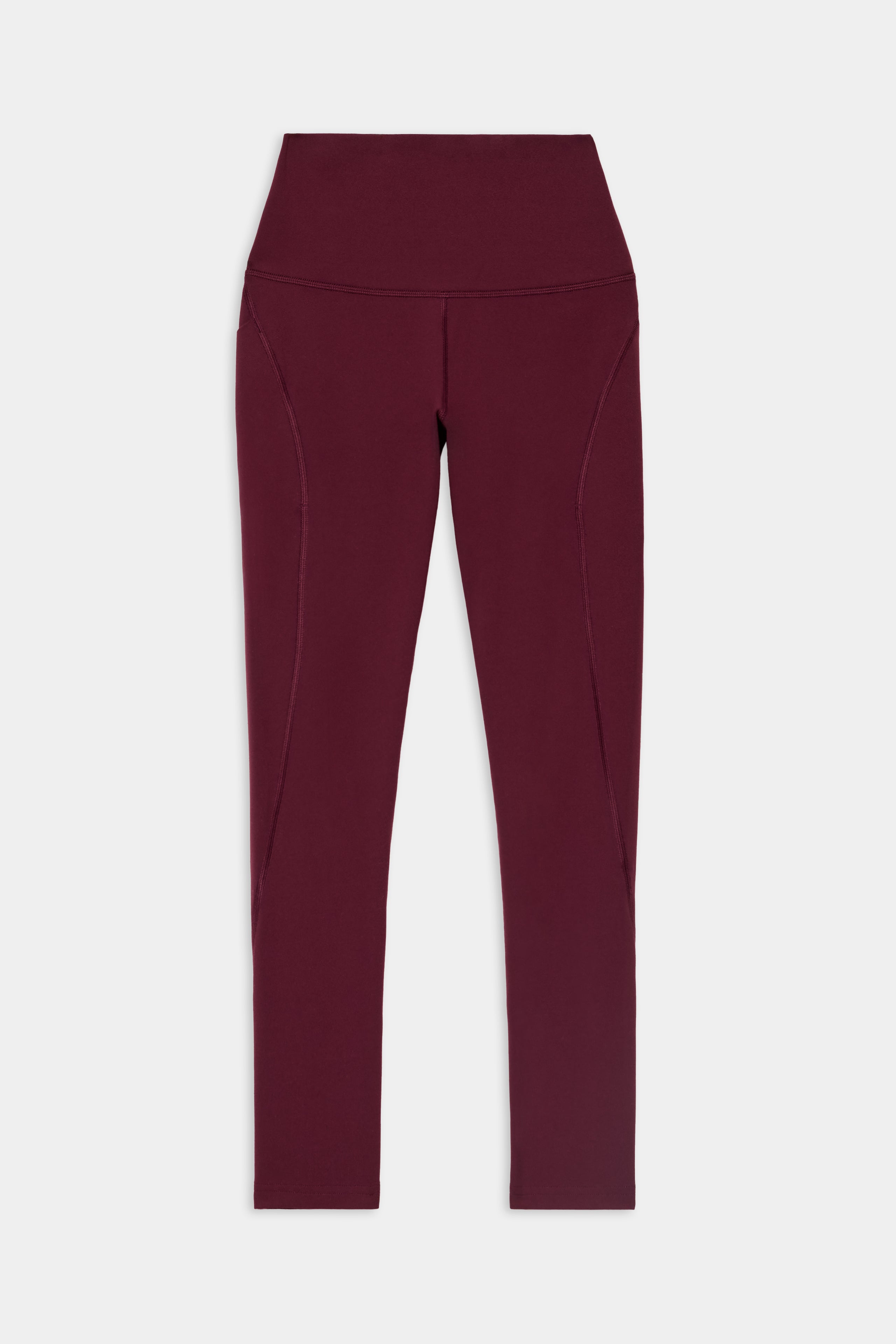 The SPLITS59 Airweight High Waist 7/8 Pocket Legging in Dark Cherry, featuring curved seam details and crafted from luxuriously soft Airweight fabric, is displayed lying flat on a white background.