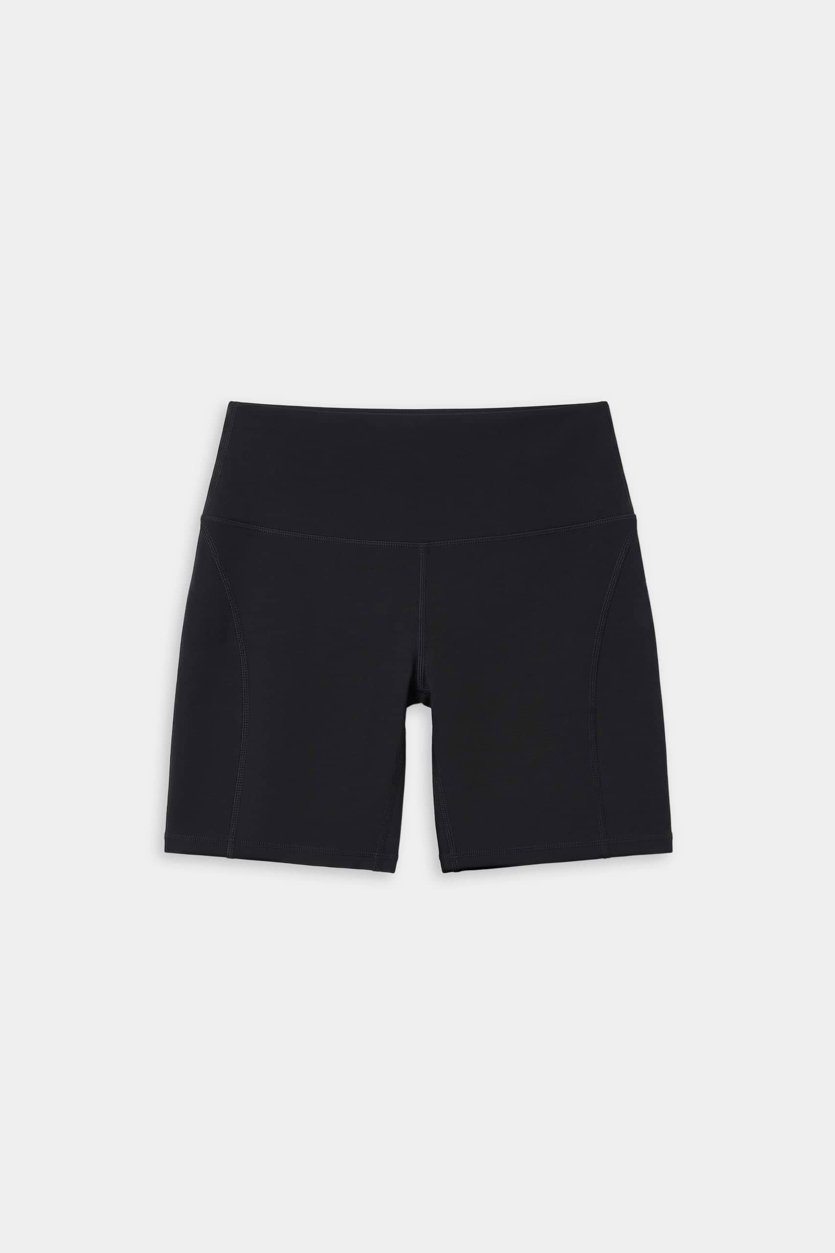 SPLITS59 Airweight High Waist Pocket Short 6” in black features a fitted design and is made from stretchy nylon spandex athletic fabric, shown against a plain white background.