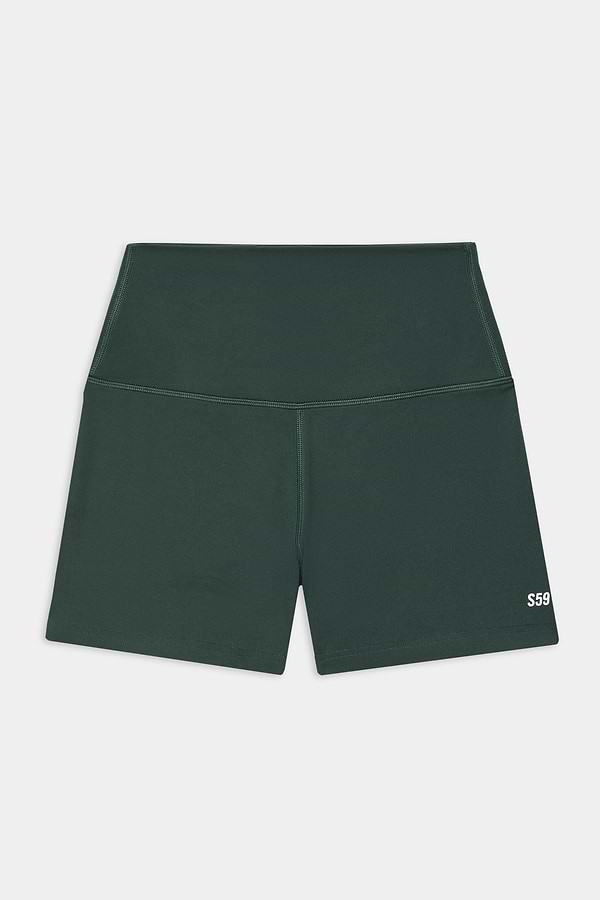 SPLITS59 Airweight High Waist 3.5” Short in Military: dark green spandex activewear shorts with visible stitching and a small white "S59" logo on the front left leg.