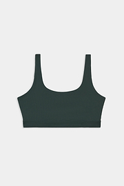 The SPLITS59 Airweight Rib Bra - Military features wide straps and a scoop neckline in dark green, made from a soft nylon-spandex blend and shown laid flat on a white background.