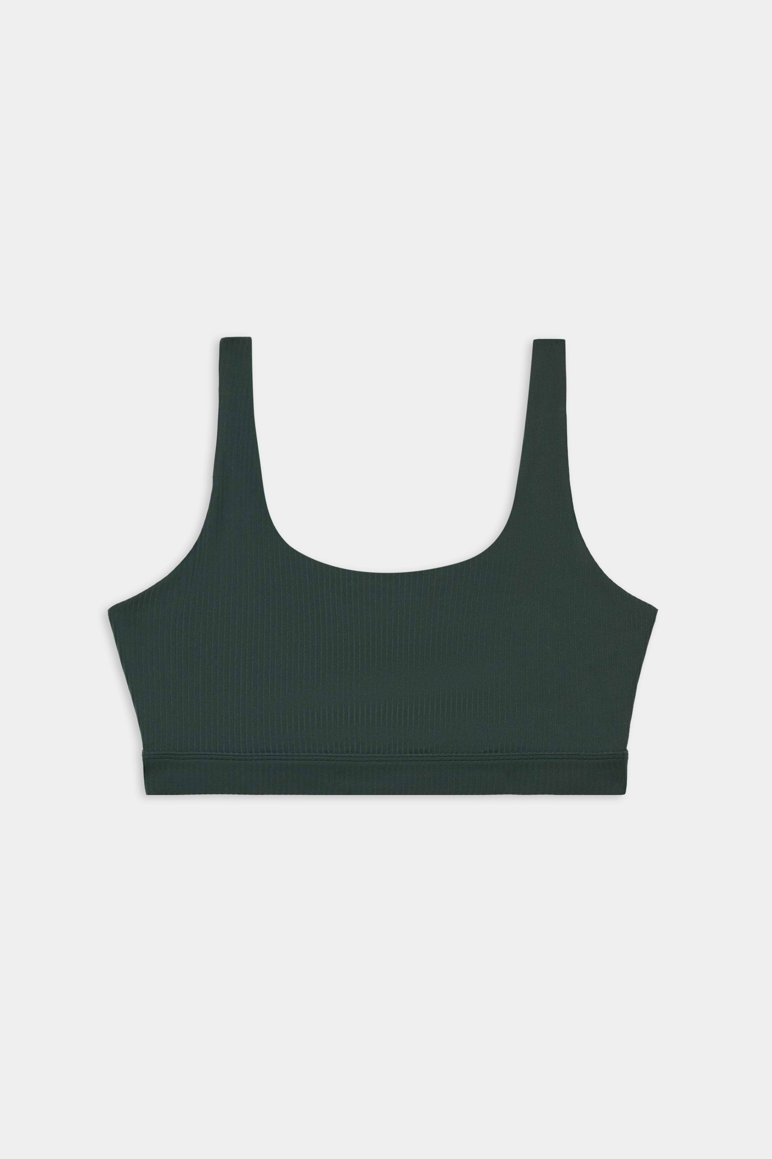 The SPLITS59 Airweight Rib Bra - Military features wide straps and a scoop neckline in dark green, made from a soft nylon-spandex blend and shown laid flat on a white background.