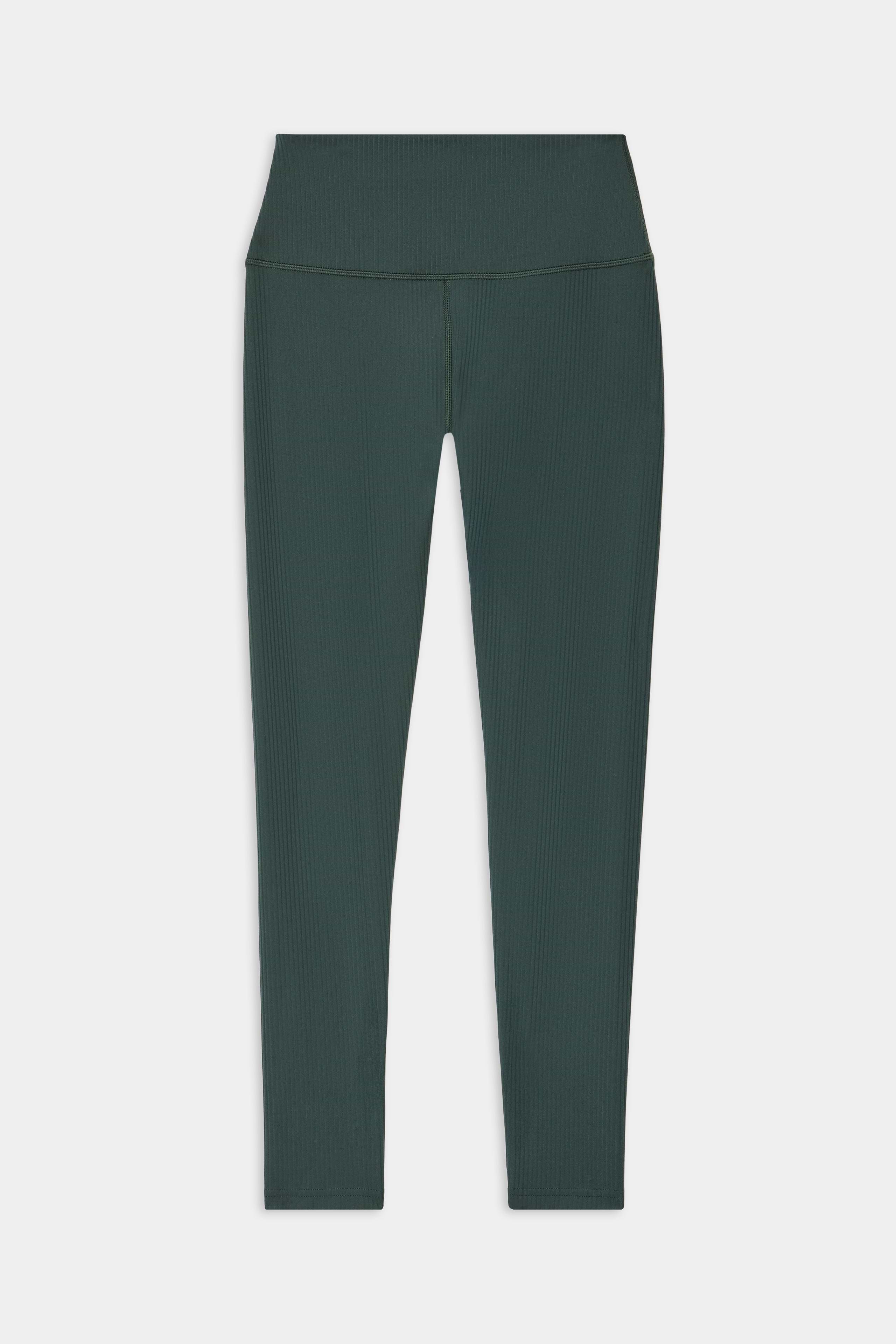 SPLITS59 Airweight Rib High Waist 7/8 leggings in military green, made from ribbed nylon spandex, are laid flat against a white background.
